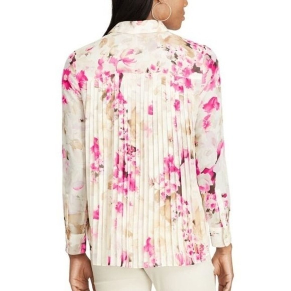Chaps Womens Pink‎ Floral Button Down Shirt Pleated Back Blouse Feminine 3XNew